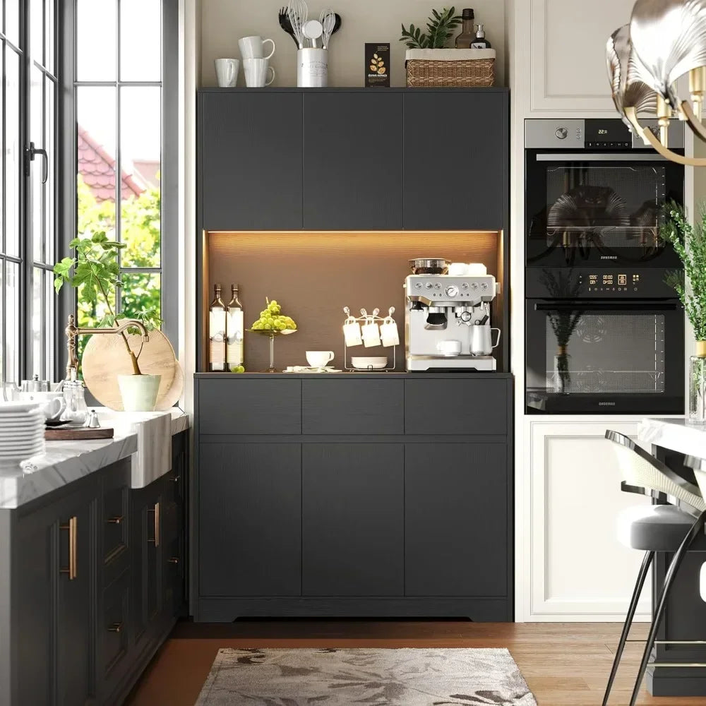 71 Inch Tall Kitchen Pantry Storage Cabinet with Power Outlets and LED Lights