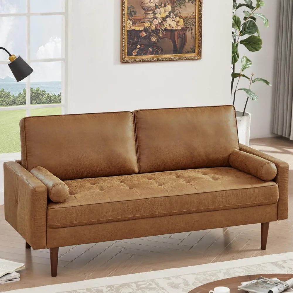 Mid Century Modern Faux Leather Loveseat Tufted Sofa with Pillows