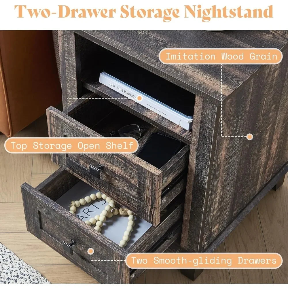18 Farmhouse End Table Nightstand with Charging Station and 2 Drawers