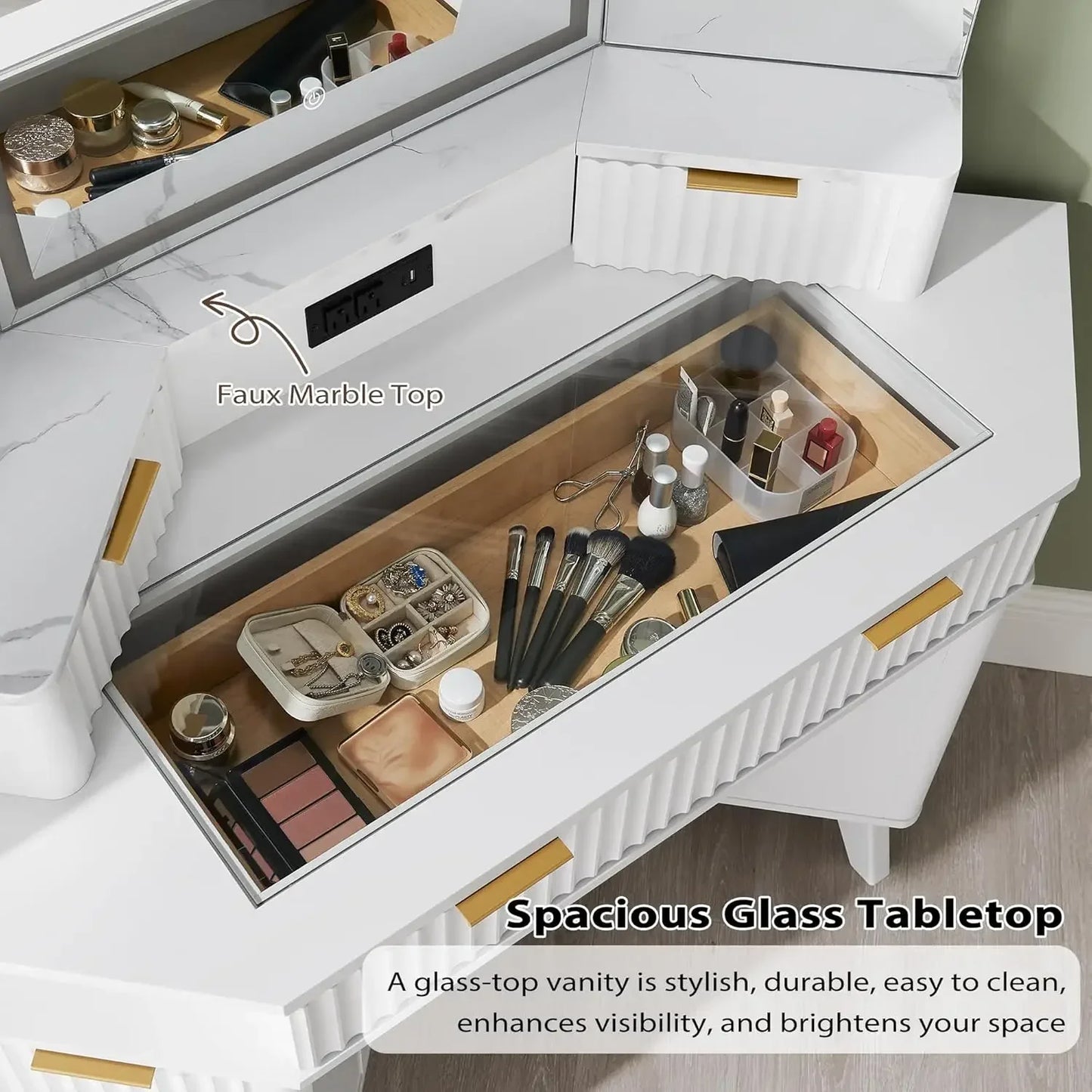 Fluted Makeup Vanity Desk with 3 Way Mirror Lights Charging Station Storage