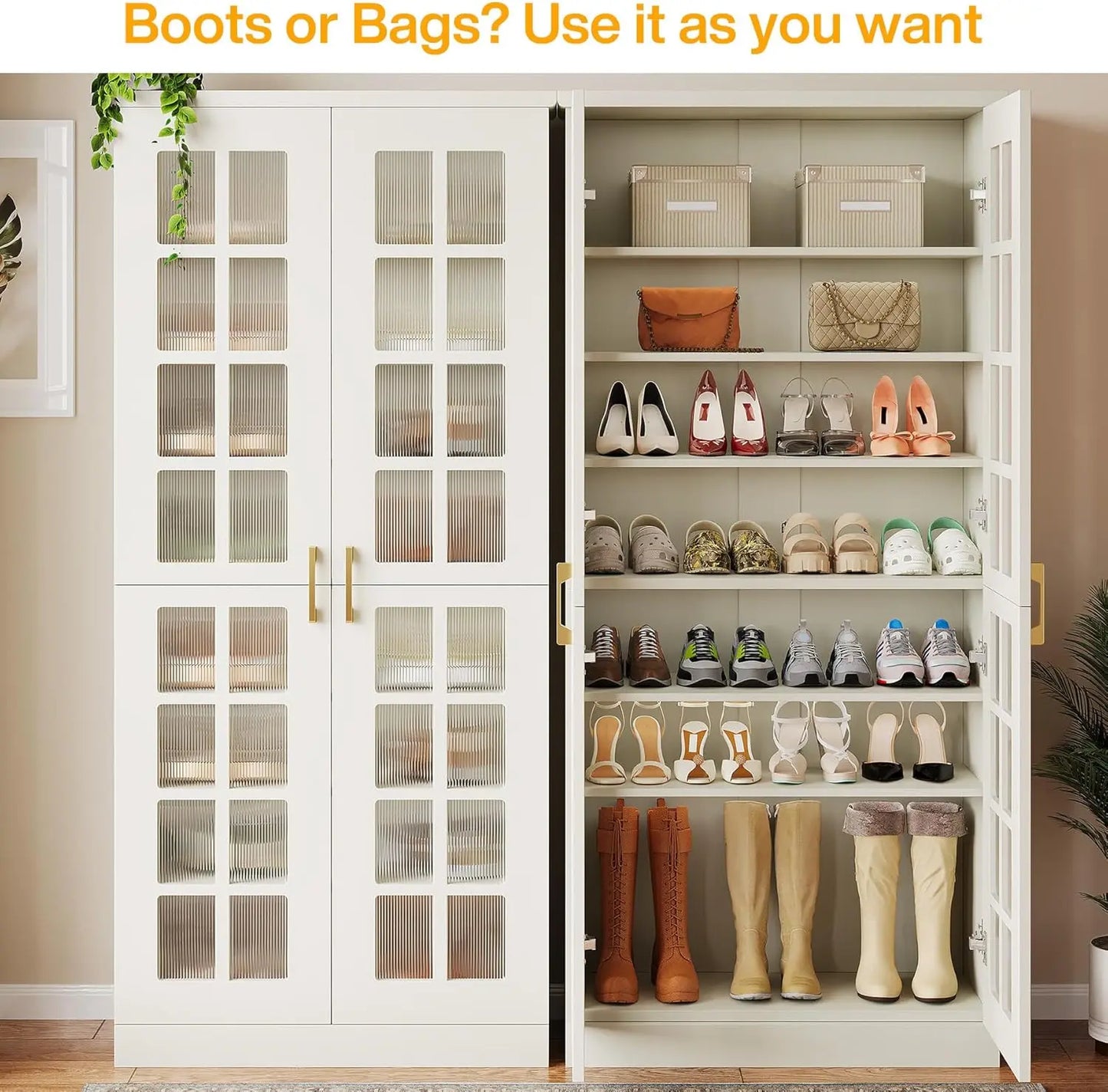 71 Inch Modern White Gold Shoe Cabinet 8 Tier Adjustable Storage Organizer