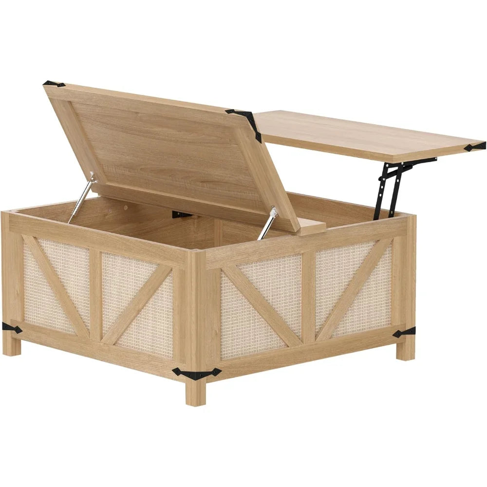 Lift Top Coffee Table Rattan Center Table Large Storage Farmhouse Style