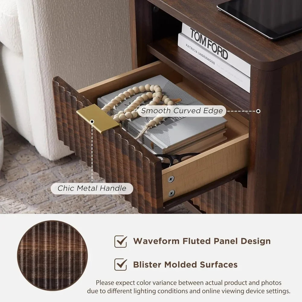 Fluted Nightstand with Charging Station Modern Side Table 18 Inches