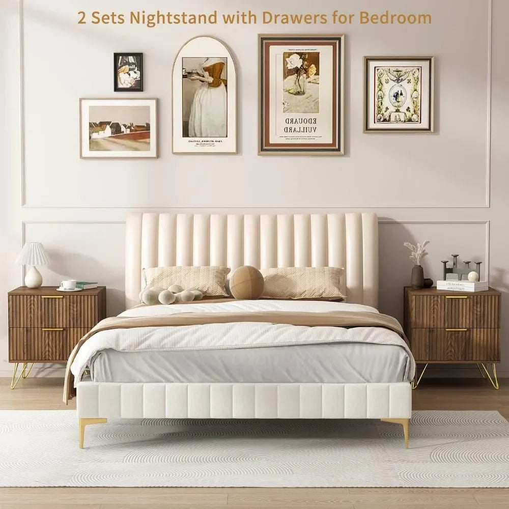 Nightstand Set of 2 Fluted Night Stand with 2 Drawers Wood Storage