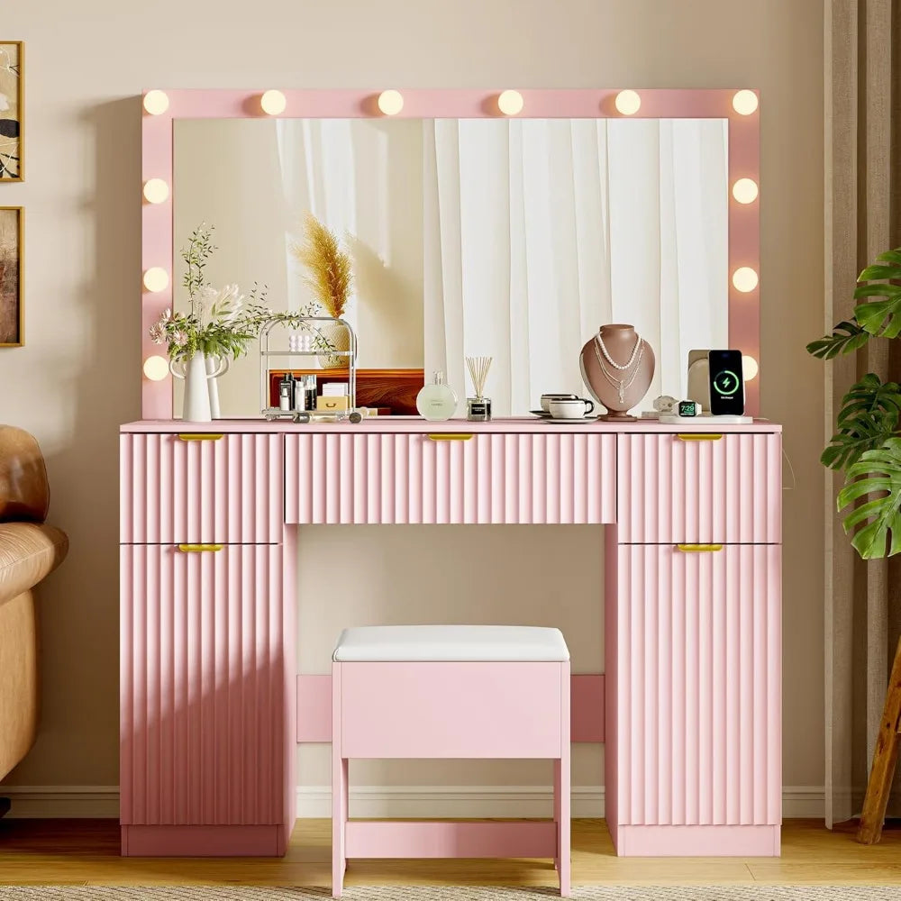 Fluted Vanity Desk with LED Mirror Charging Station 3 Light Modes