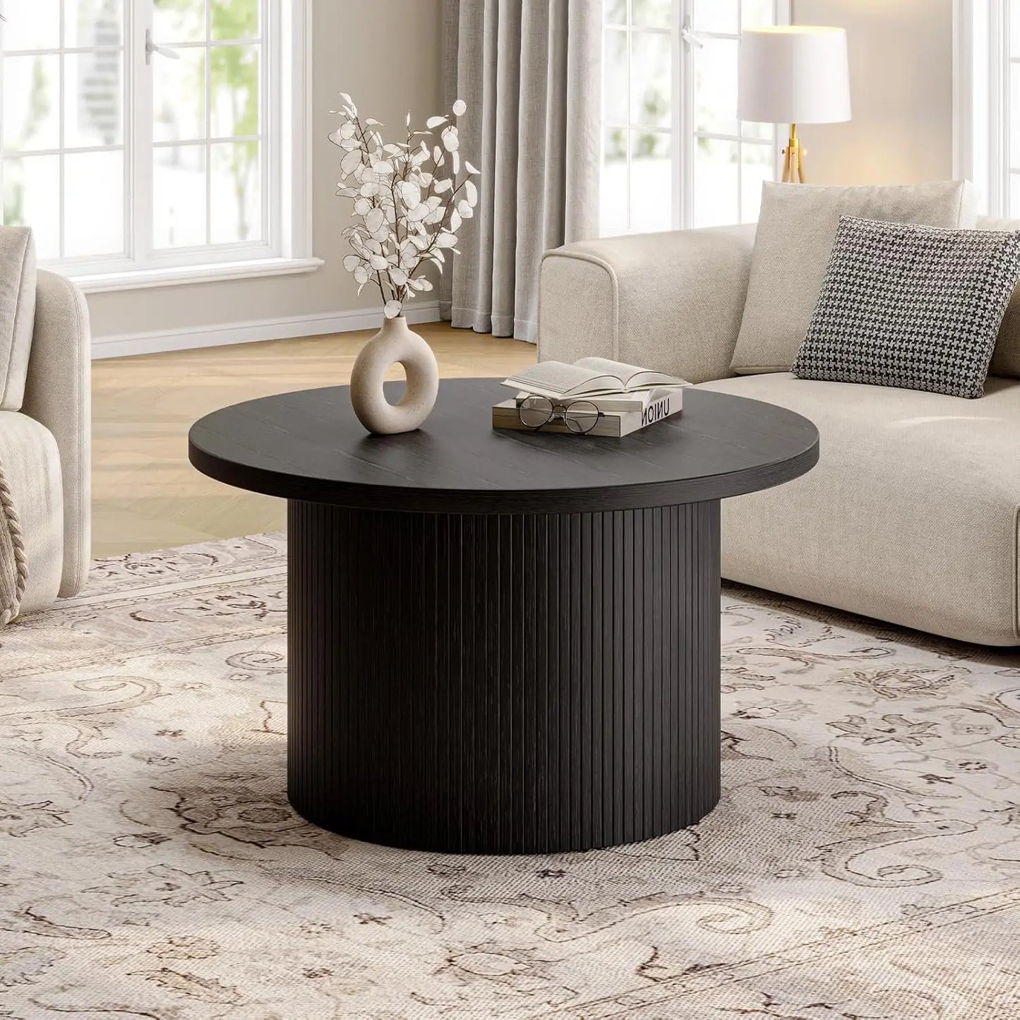 31.5 Inch Round Coffee Table Mid Century Modern Tambour Design Accent Table