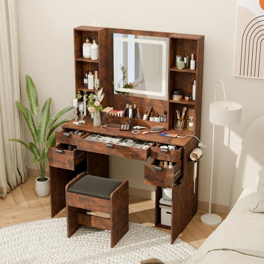 Makeup Vanity Table Set with Mirror Lights and Chair Touch-Sensitive