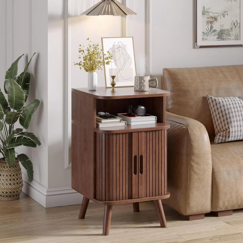 Fluted End Table Set of 2 Mid Century Modern Nightstand with Door