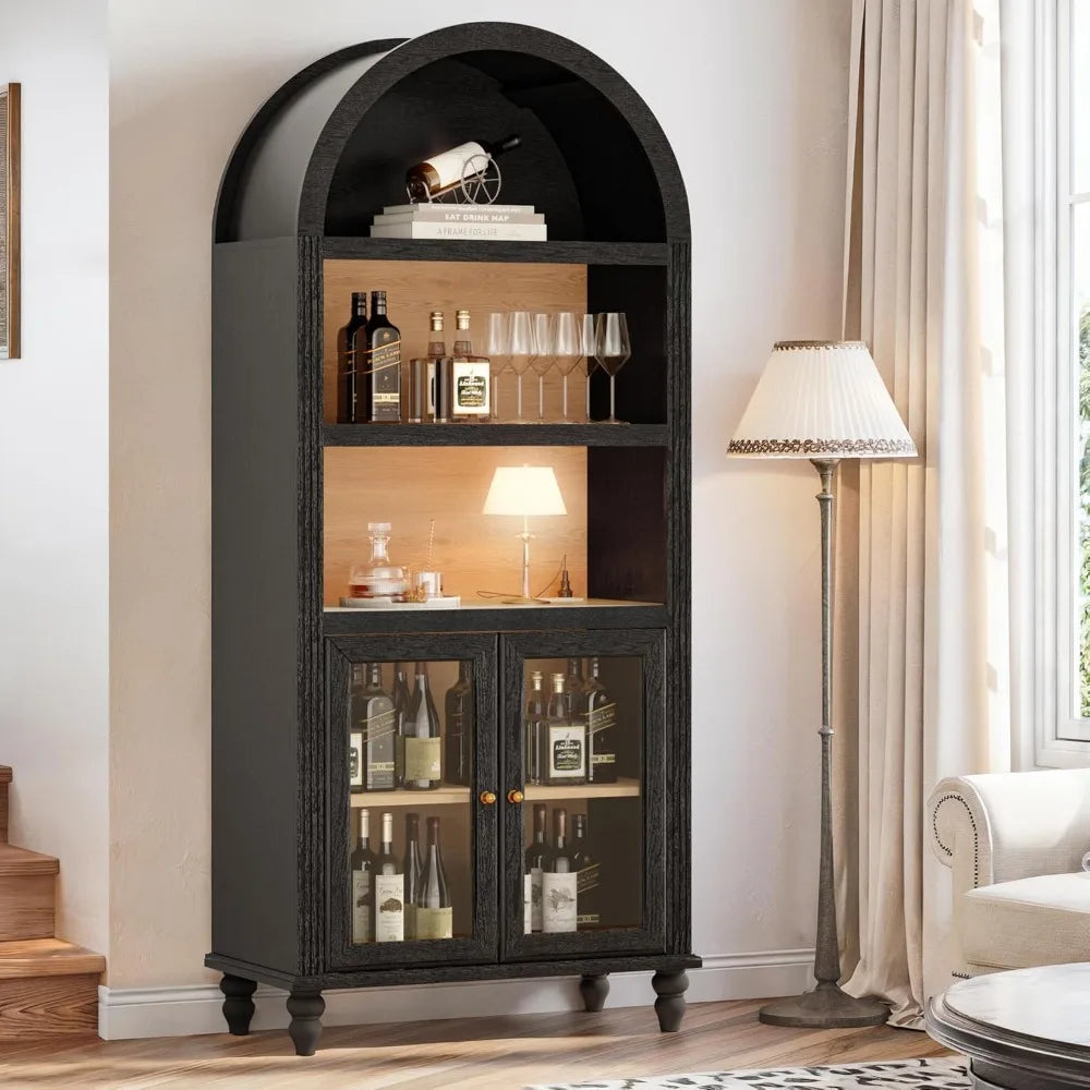 72 Inch Arched Bar Cabinet with Power Outlet Adjustable Shelves Wine Storage