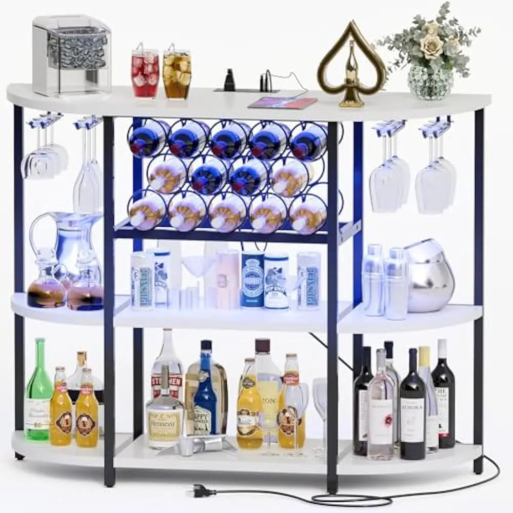 Wine Bar Cabinet with Lights and Outlet 4-Tier Storage Mini Bars for Home