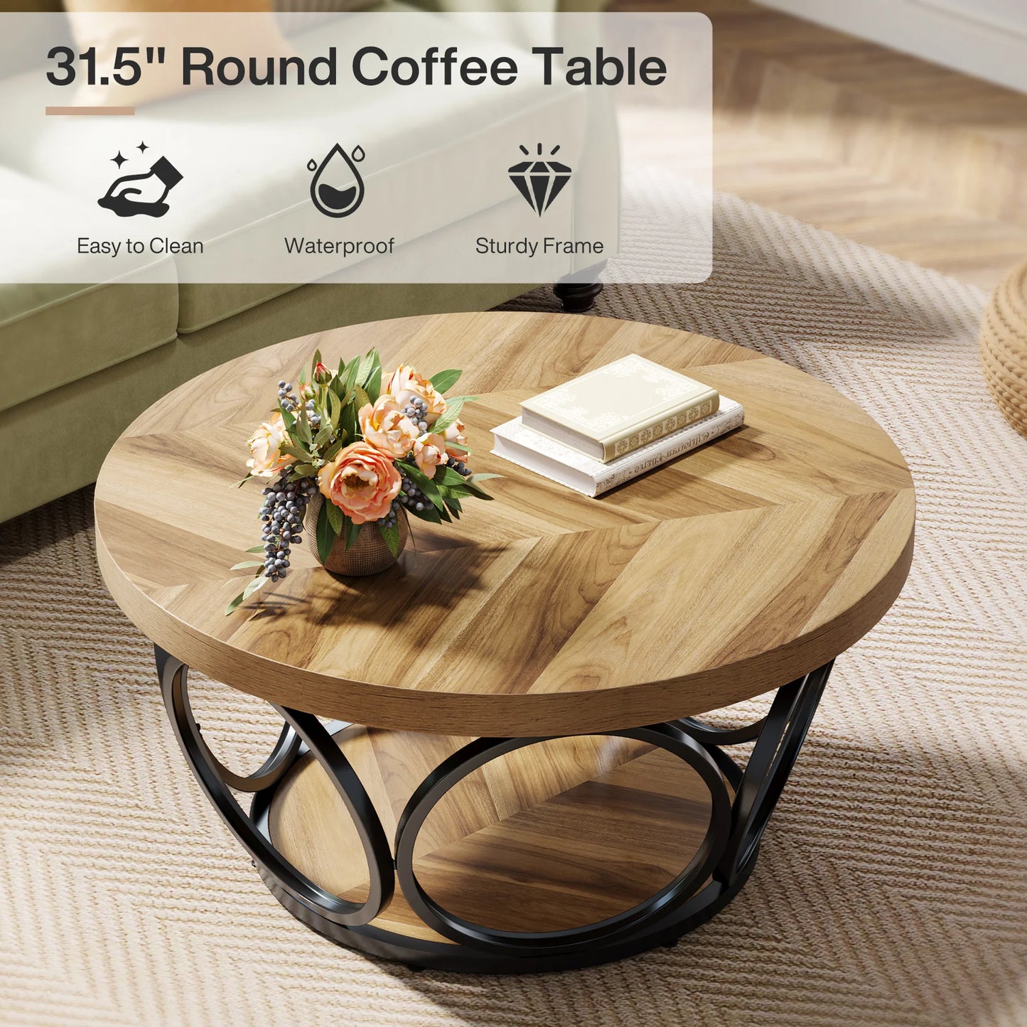 Ljustra Modern Round Coffee Table 31.7 Inch Industrial Design