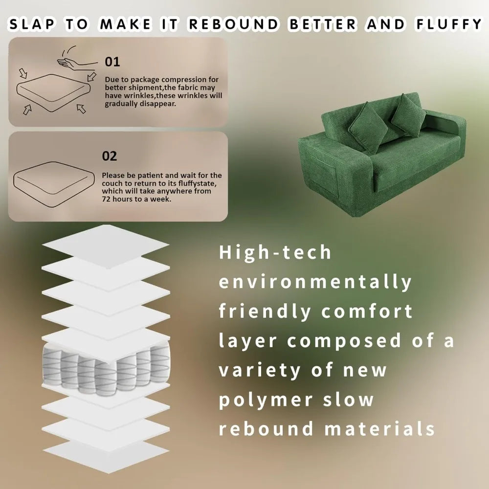 Foldable Sofa Bed 75 Inch Corduroy Sleeper Loveseat with Pillows