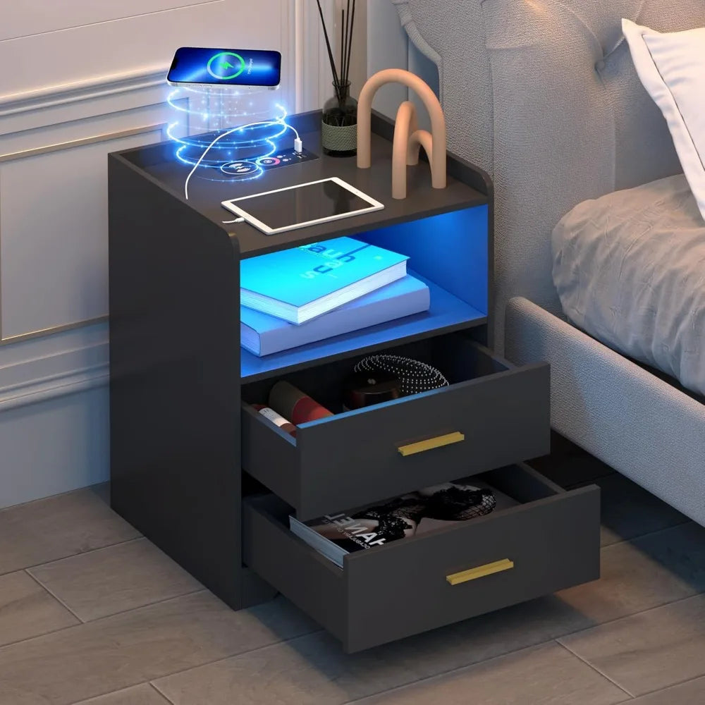 LED Nightstand with Charging Station Modern RGB Bedside Table