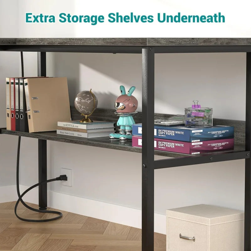 Reversible L Shaped Gaming Desk with USB Ports and Storage Shelf