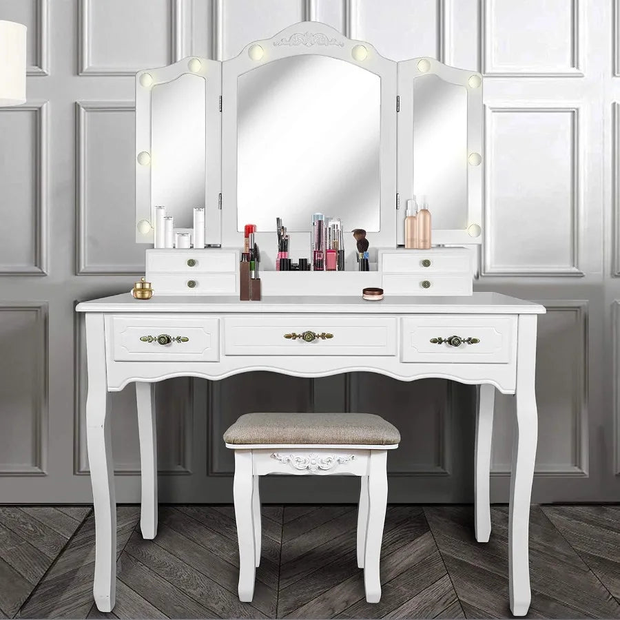 Vintage Vanity Desk Tri-Folding Mirror 6 Drawers Makeup Table with Lights