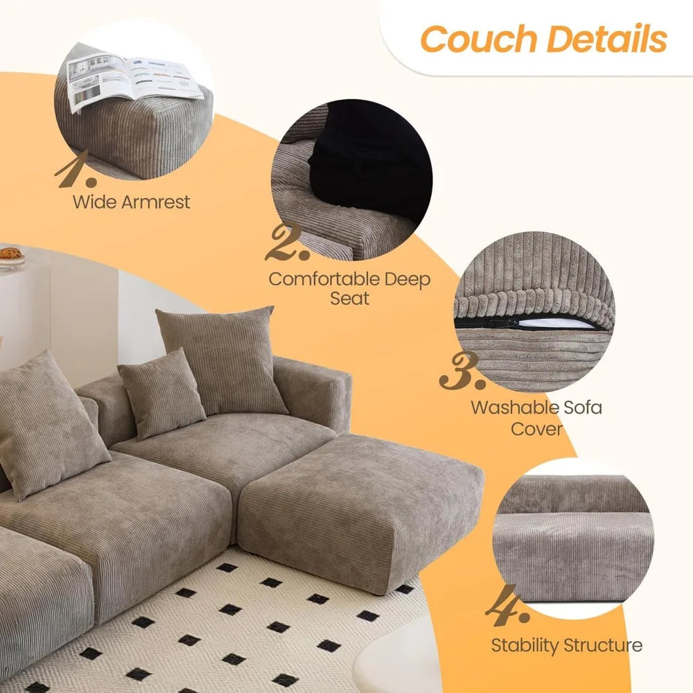 Ljustra Oversized Modular Sectional Deep 3-Seats Corduroy Sofa Chaise Ottomans Huge Convertible