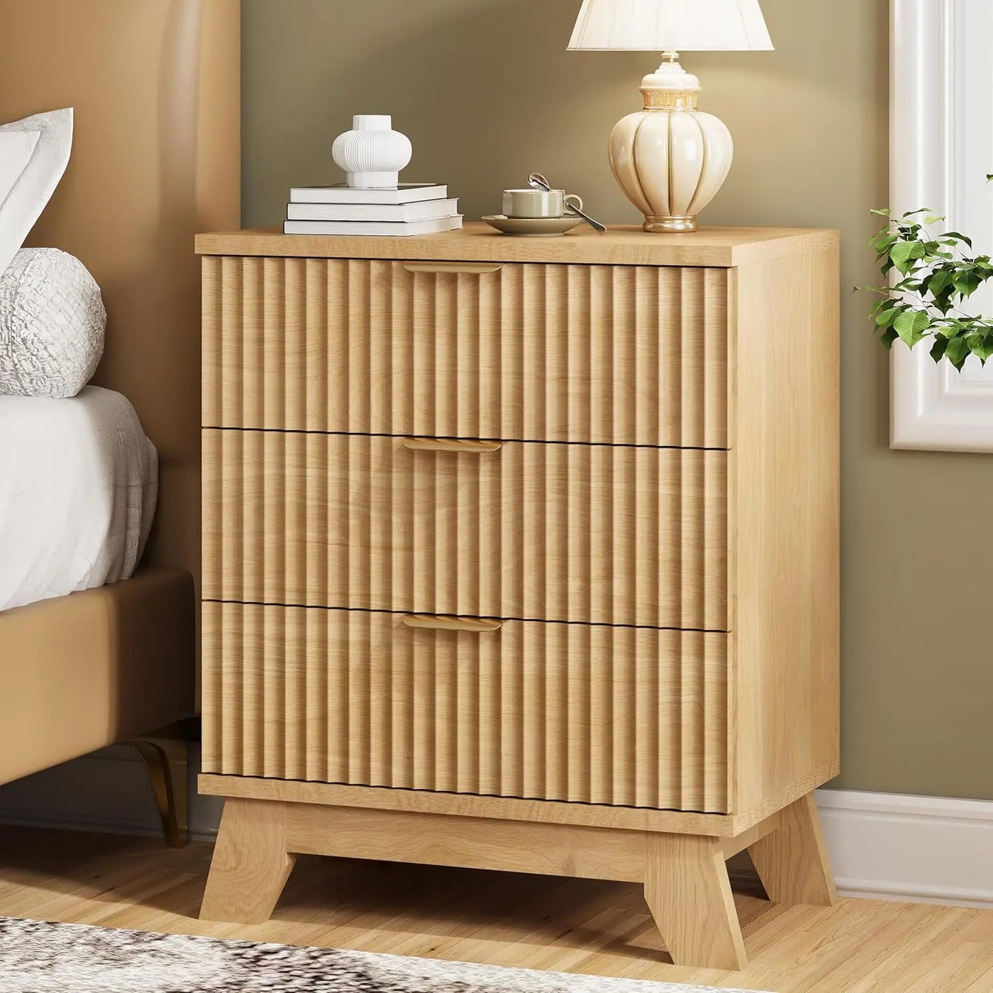 Fluted Nightstand 24 Inch Wide Side Table with 3 Storage Drawers