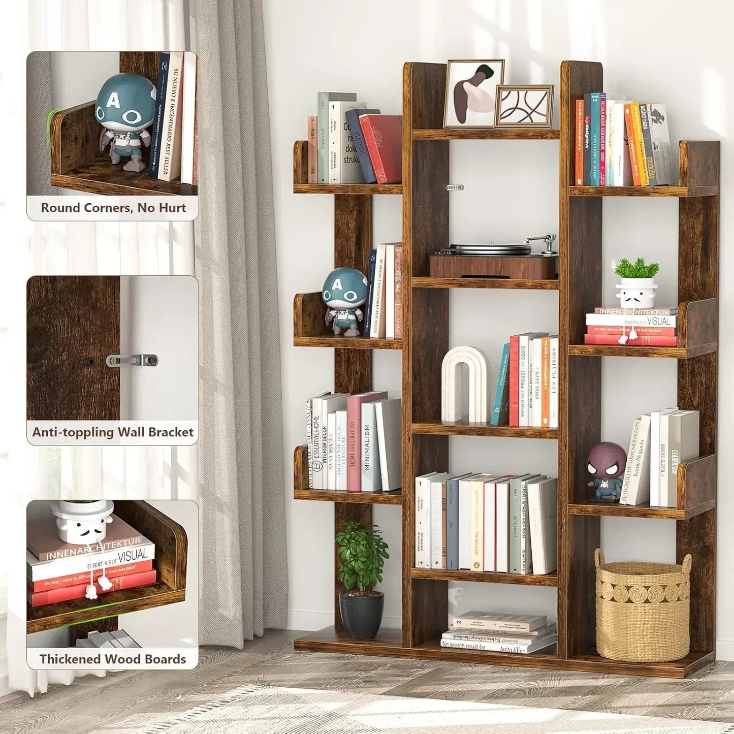Tree-Shaped Bookshelf 13 Compartments Wooden Bookcase Storage Shelf