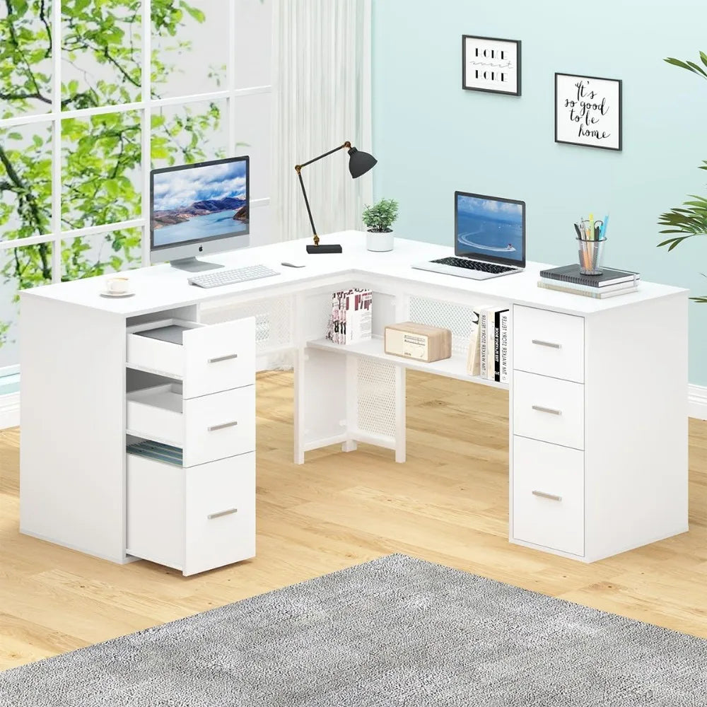 L Shaped Desk with Drawers Storage Corner Computer Desk Home Office