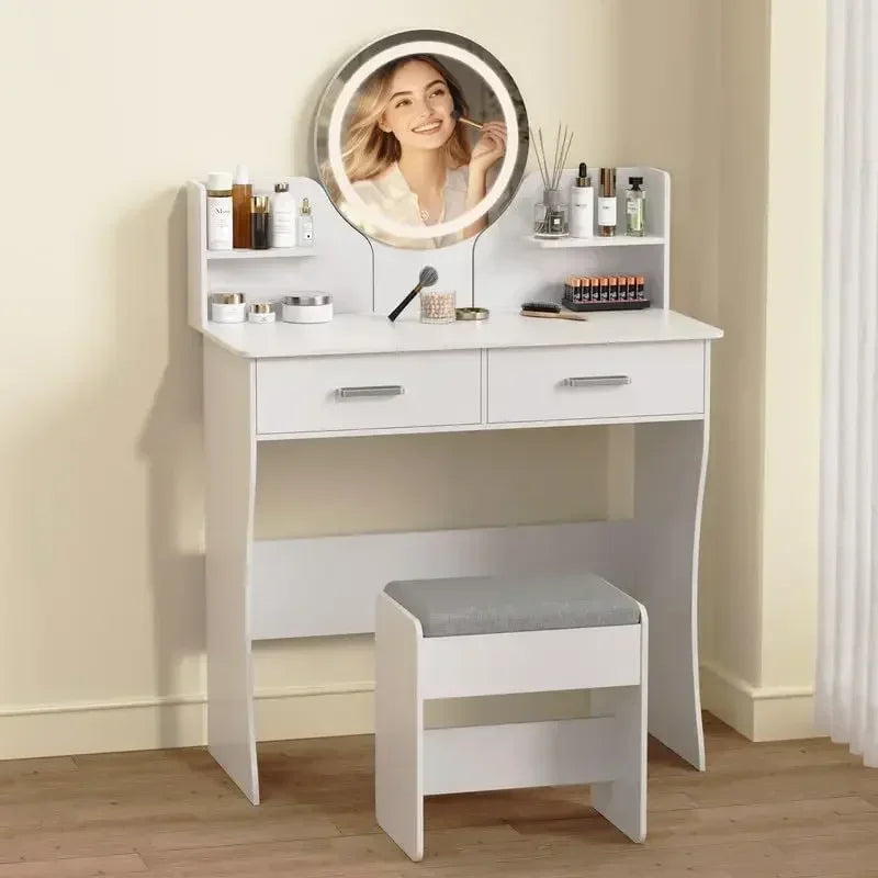 Vanity Desk with Mirror and Lights Makeup Table Set Storage Chair