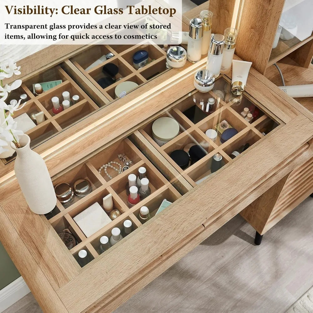 Fluted Makeup Vanity Desk 35" HD Lighted Mirror 5 Drawers 48" Mid Century