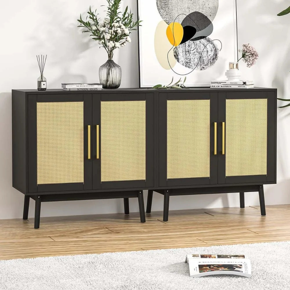 Sideboard Buffet Cabinet Set of 2 Rattan Storage for Kitchen Hallway