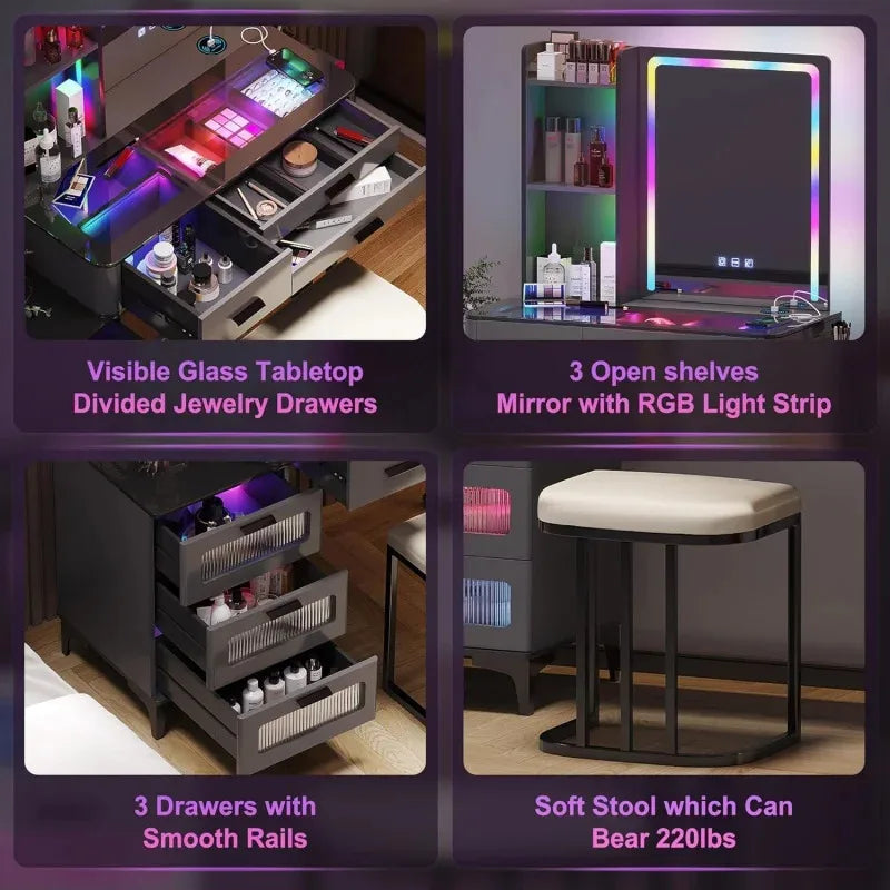 RGB Vanity Makeup Desk with 6 Drawers Smart Lighting and Charging Station