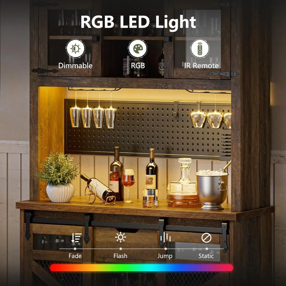 Kitchen Buffet Cabinet Coffee Bar with Power Outlet LED Light Storage
