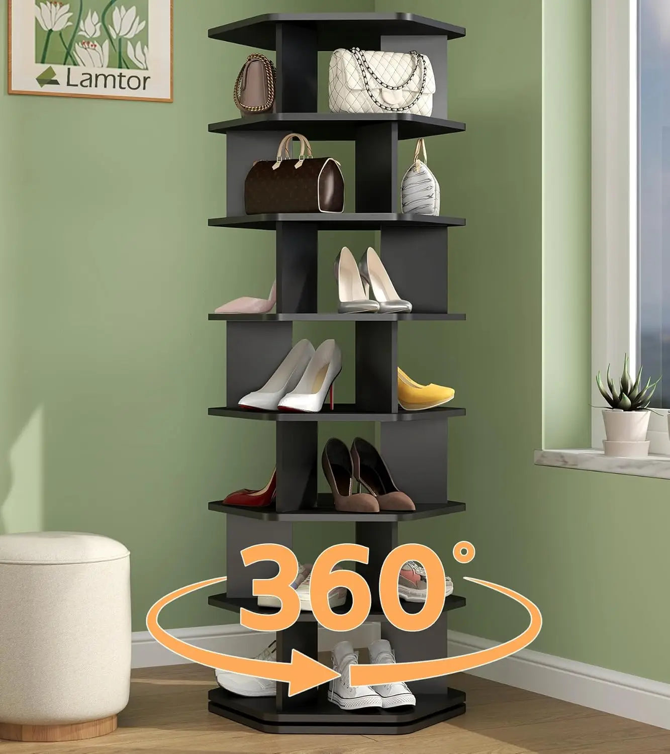 7 Tier Rotating Shoe Rack Wooden Spinning Organizer 360 Storage Tower