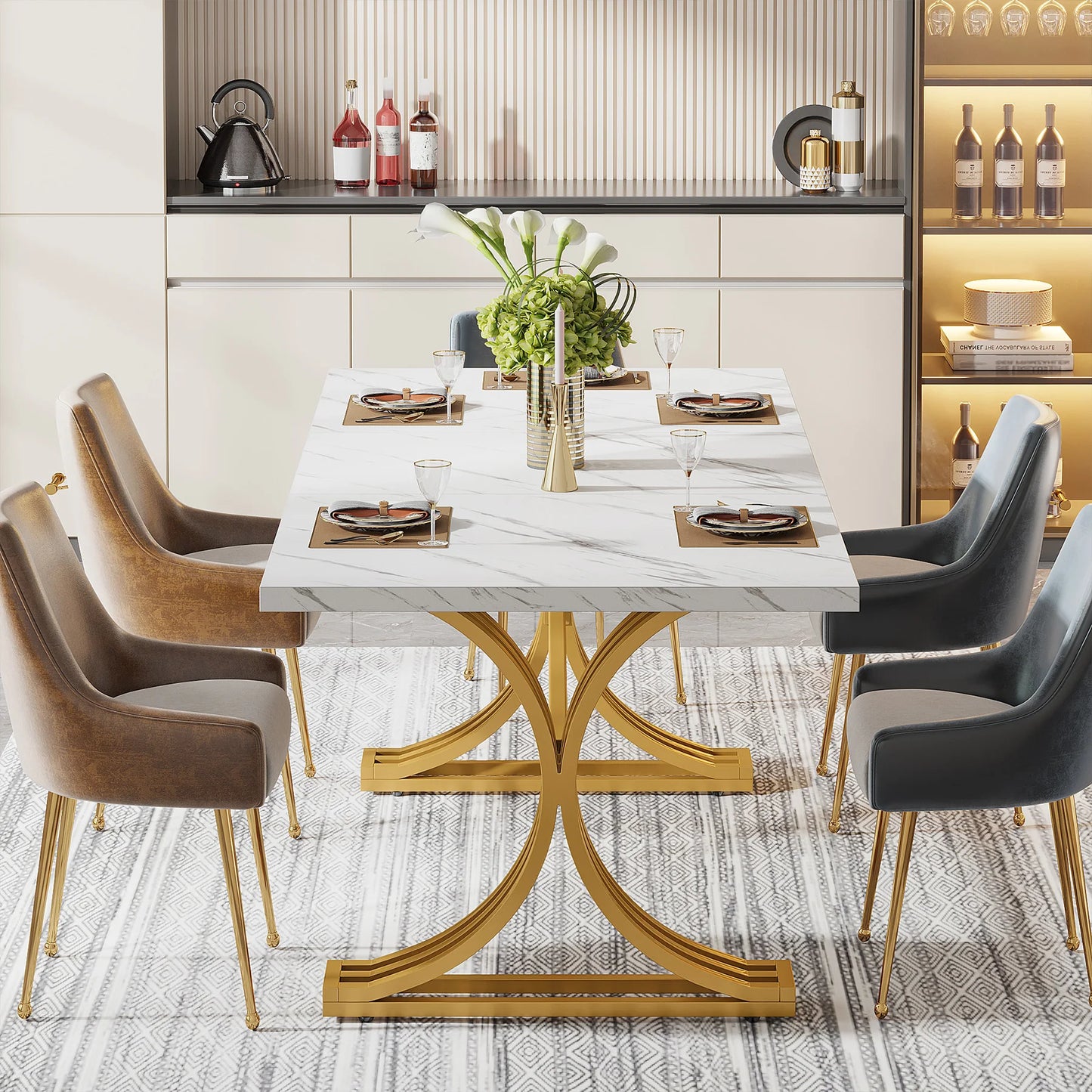 Ljustra 63 Inch Dining Table Rectangular Kitchen Faux Marble Modern Design