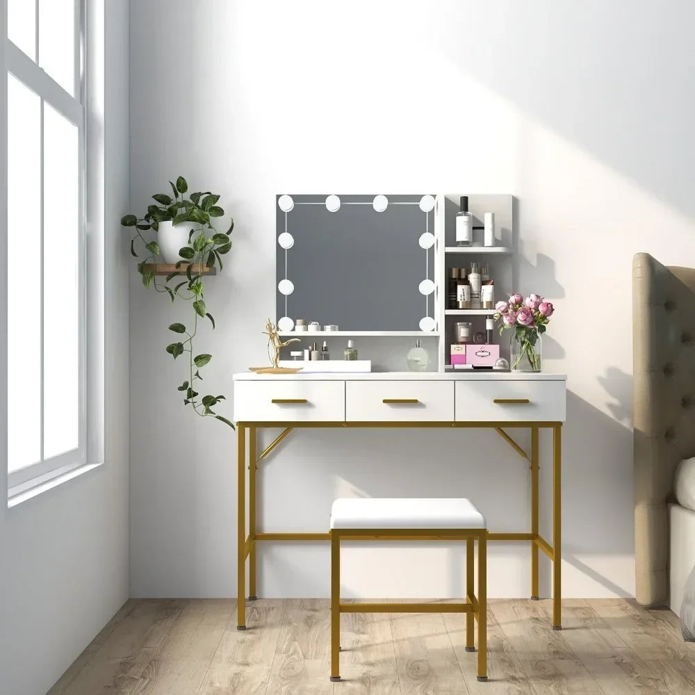 Vanity Table with Lighted Mirror and Cushioned Stool for Makeup
