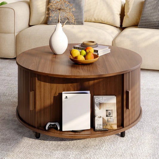 Round Coffee Table with Storage Modern 31.5 Inch Fluted Wood Accent