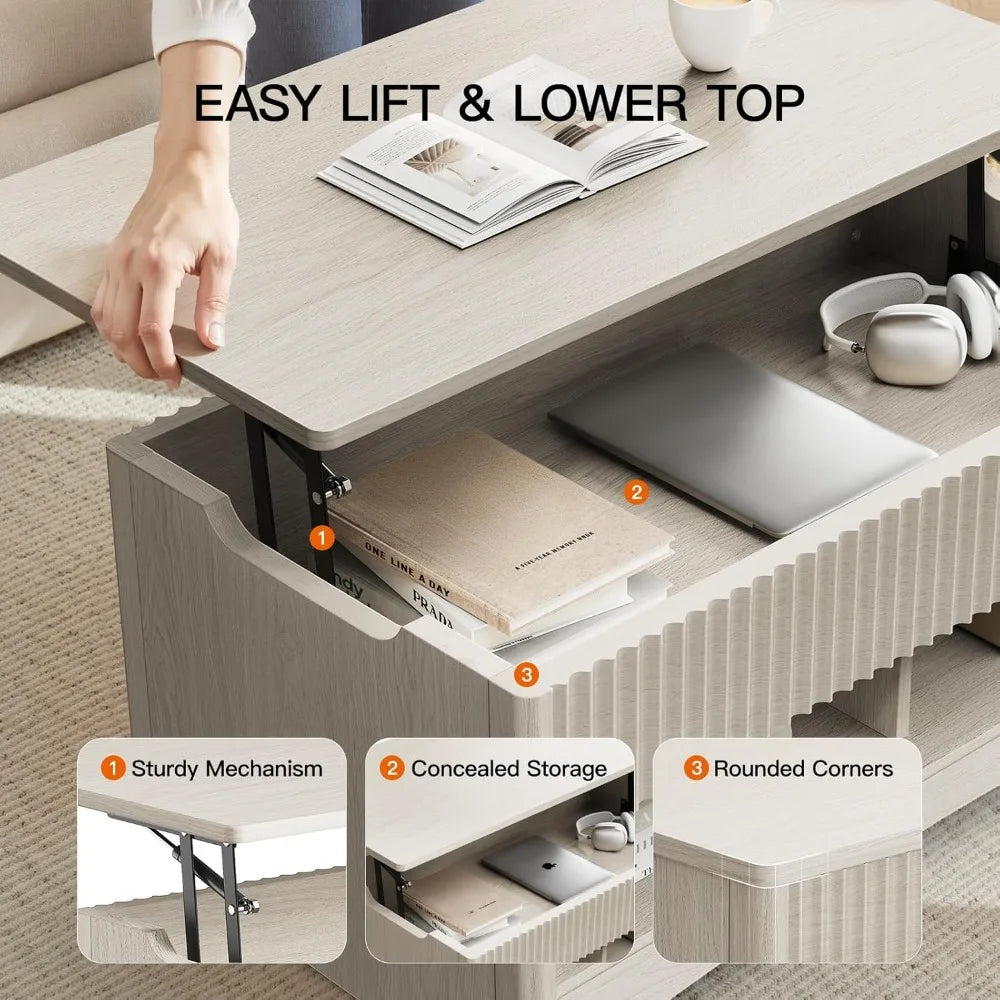 Amada Coffee Table Fluted Lift Top Storage Modern Rectangle Table