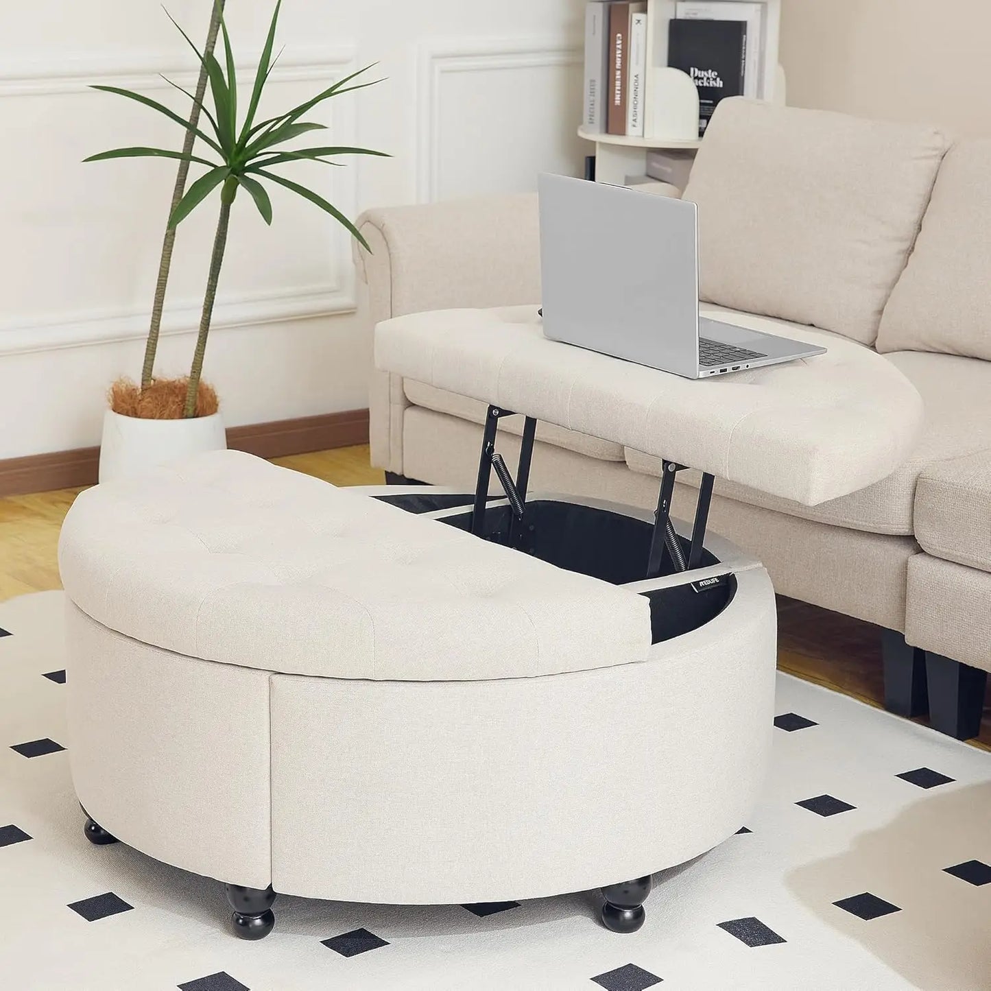 Round Storage Ottoman Coffee Table Upholstered Lift Top Footrest