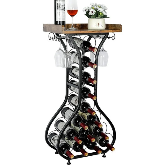 Mini Bar Table Wine Cabinet with Glass Shelf Wooden Top Home Bar Storage