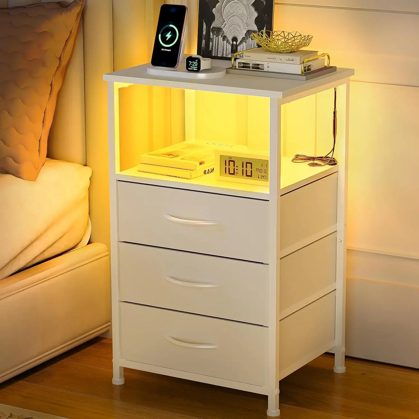 Nightstand with LED Light and 3 Drawers Modern Bedside Table for Bedroom