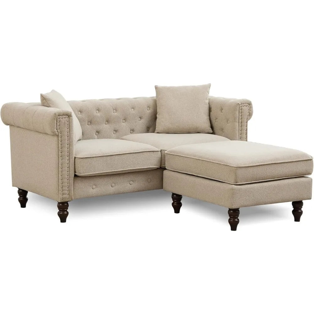 Classic Chesterfield Tufted Linen Loveseat Sofa with Gourd Legs