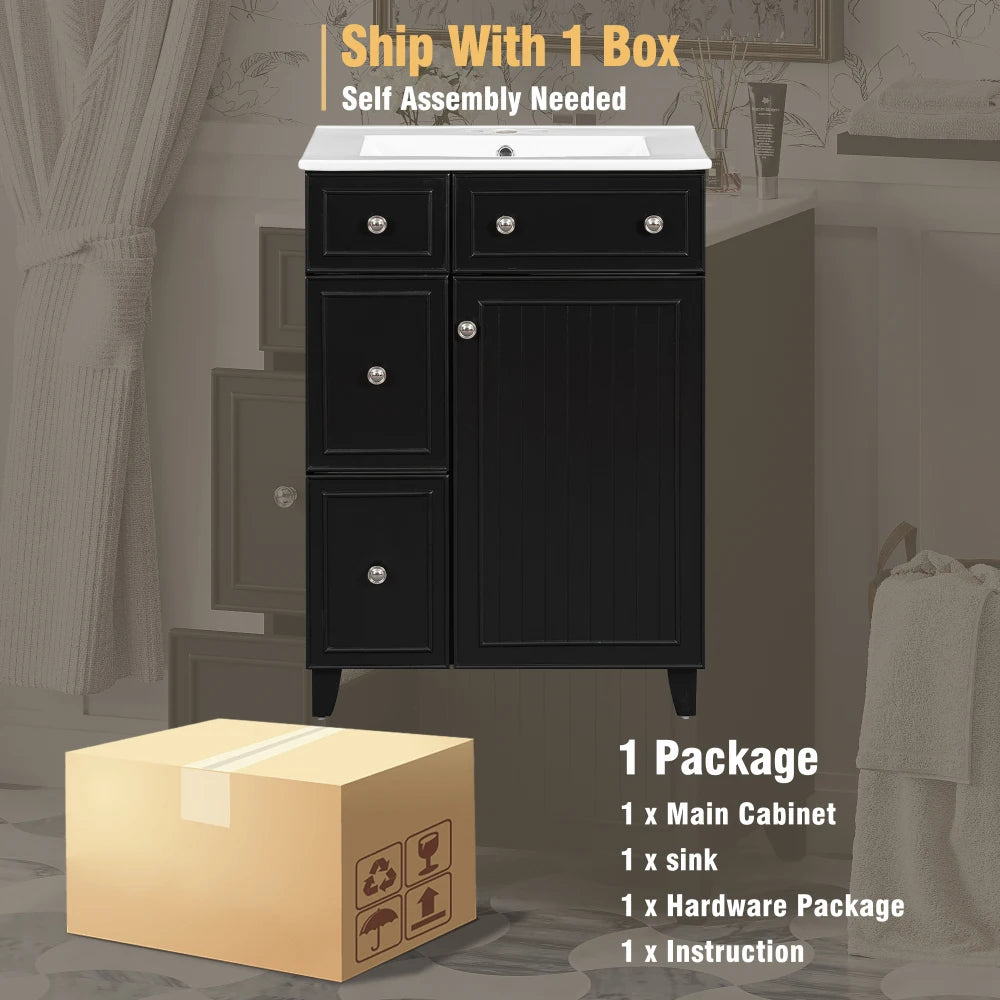 24 Inch Bathroom Vanity Cabinet Ceramic Sink 2 Drawers Storage