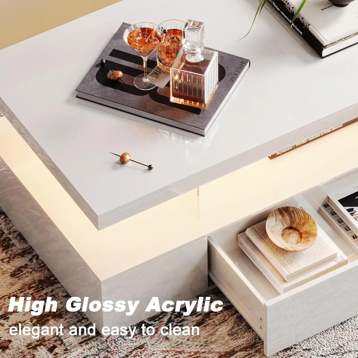 Modern LED Coffee Table High Gloss Storage Drawer Living Room Bedroom
