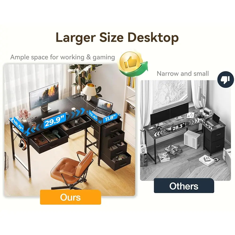L Shaped Desk With Drawers Power Outlets Reversible Home Office Desk