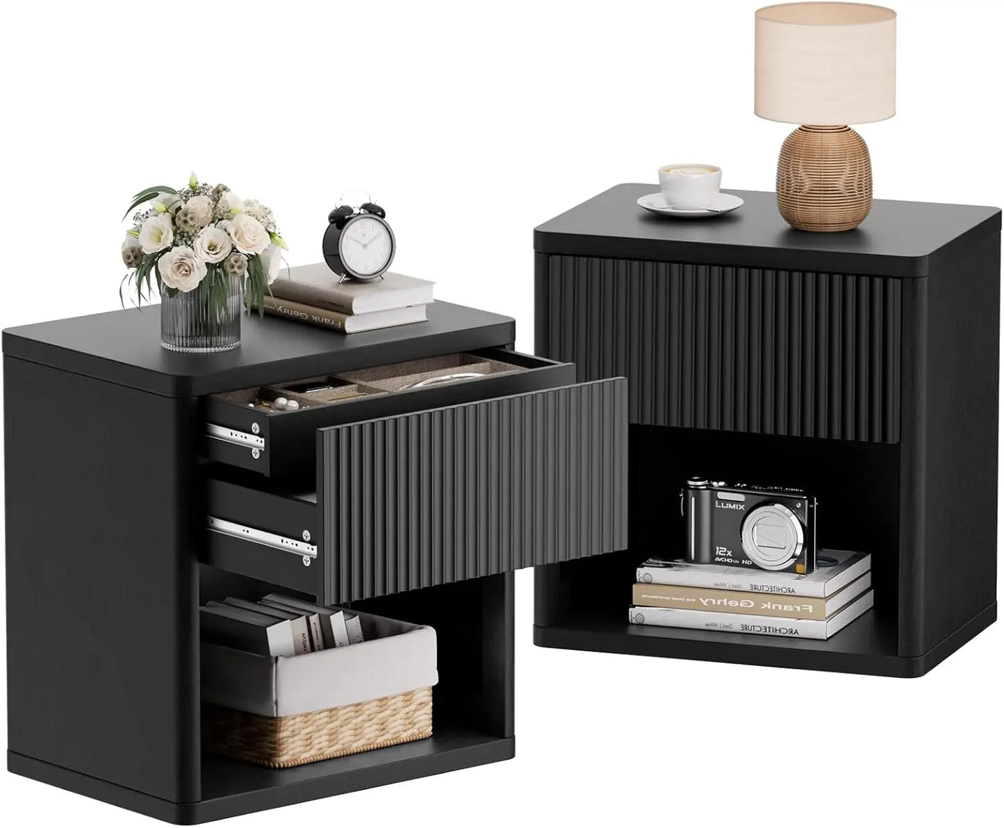 22.8" W Black Nightstand with Hidden Drawers Mid Century Modern Design