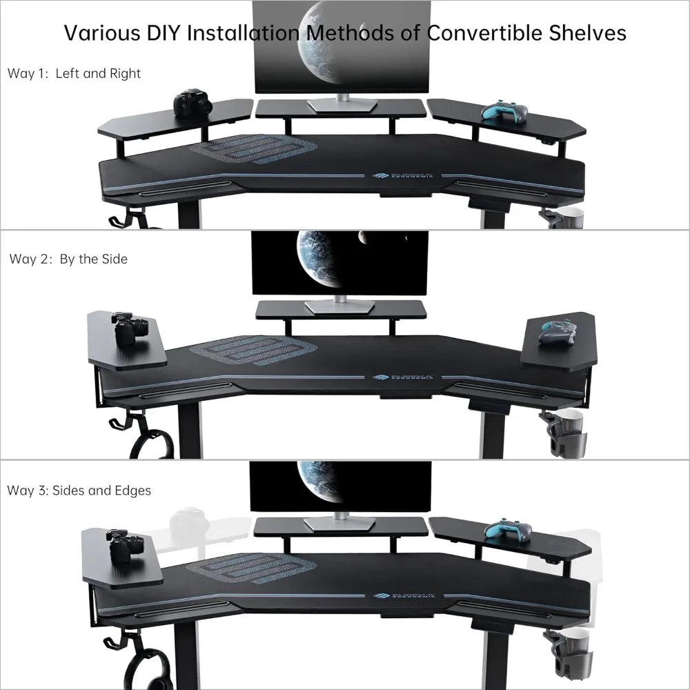 Gaming Desk Adjustable Height Standing Desk 63 Inch Wing Shaped Workstation