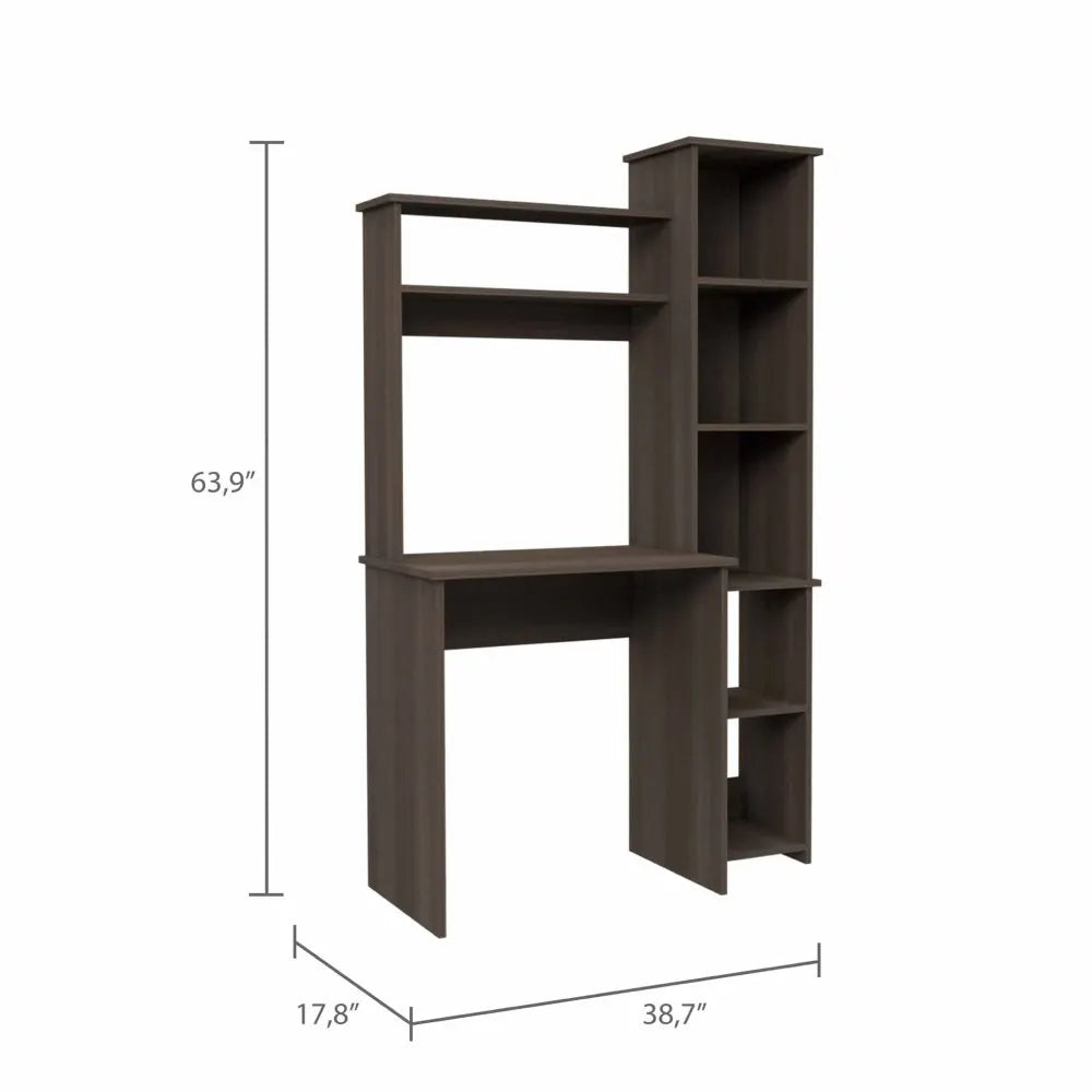 Smokey Oak Writing Desk with Built-in Bookcase and 6 Shelves