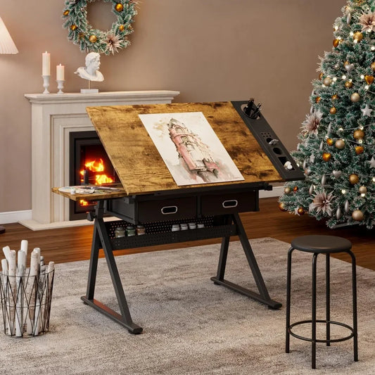 Adjustable Drafting Table Multi-Functional Drawing Desk with Stool