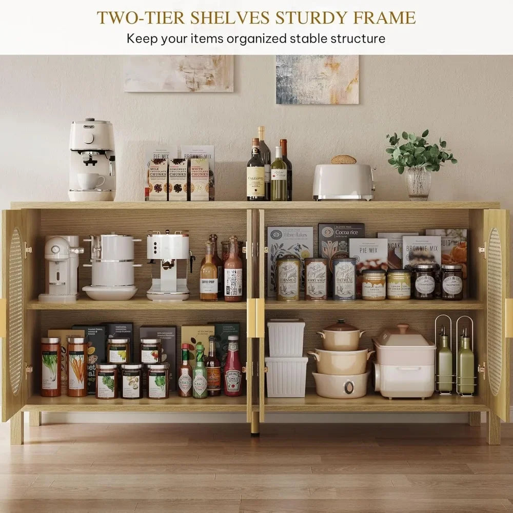 63 Inch Buffet Sideboard Cabinet Storage Rattan 4 Doors Adjustable Shelves