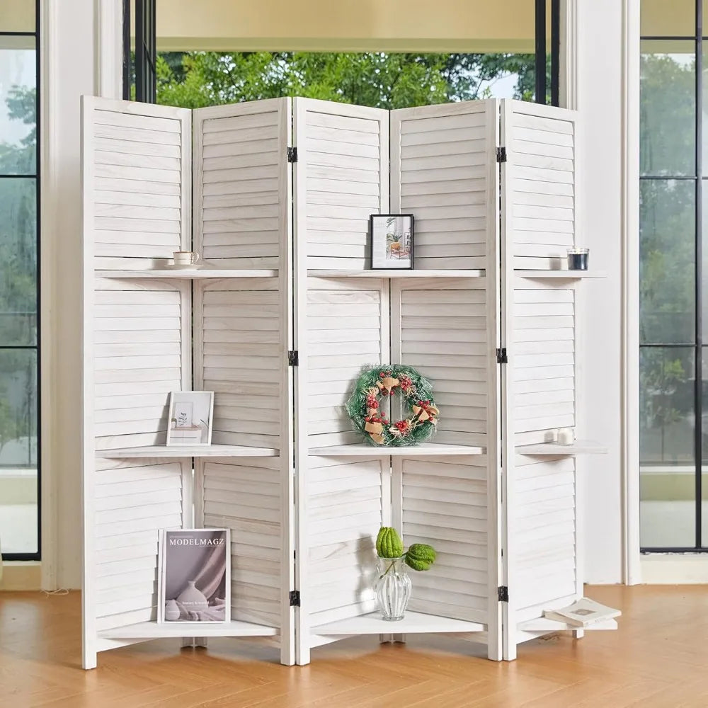 Room Divider with Shelves Folding Wood Screen 5 Panels for Home Office