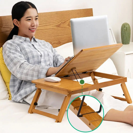 Over Bed Table Adjustable Folding Desk Portable Bamboo 4 Tilt Angles
