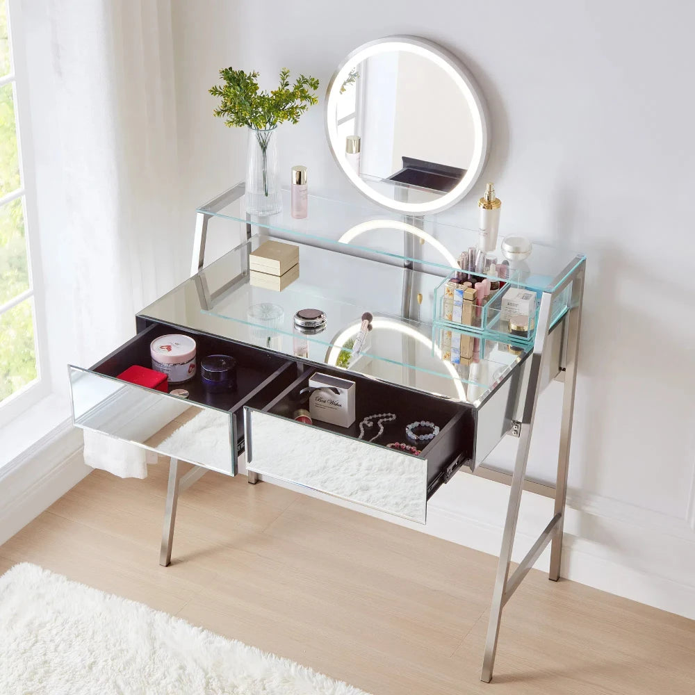 33.9" Mirrored Makeup Vanity Desk with LED Mirror and Storage Drawers