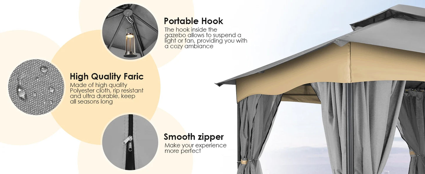 12x20 Outdoor Gazebo with Privacy Curtains Mosquito Netting Metal Frame