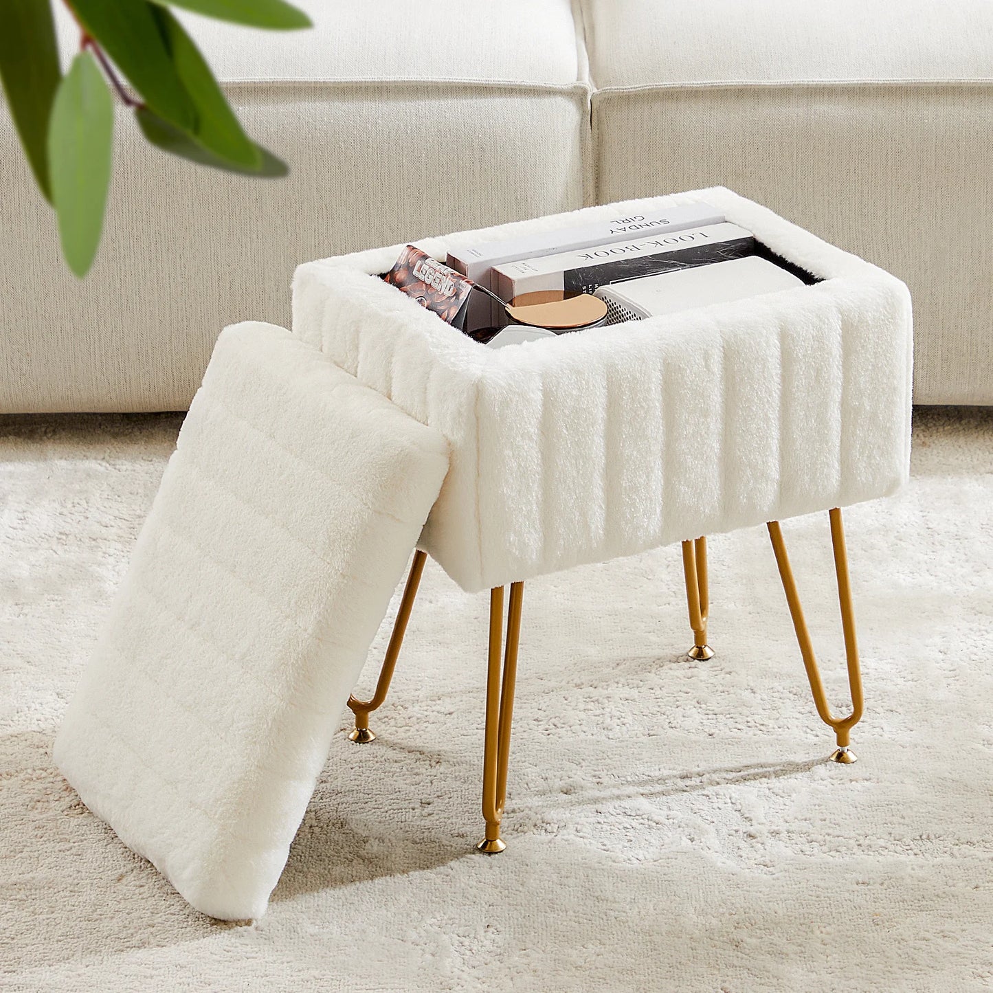 Ljustra Faux Fur Storage Stools Ottomans Padded Living Room Furniture